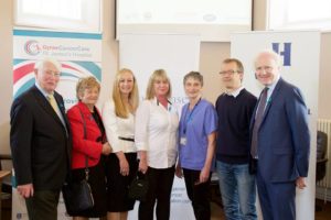 From left to right - Brendan Casey, Juliette Casey Snr and Juliette  Casey Jnr, Founders, Emer Casey Foundation; Audrey Tynan, Speaker and Ovarian Cancer Patient, Dr. Noreen Gleeson, Gynaecological Oncologist, St. James's Hospital; Jean Marc Monseux, Lymphodema Specialist/Physiotherapist, St. James's Hospital; Lorcan Birdthistle, CEO, St. James's Hospital.